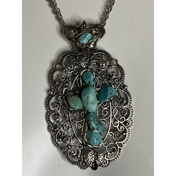 Silvertone Large Oval Cross Shaped Faux Turquoise Stone 16” Necklace Pendant Box - Picture 15 of 16